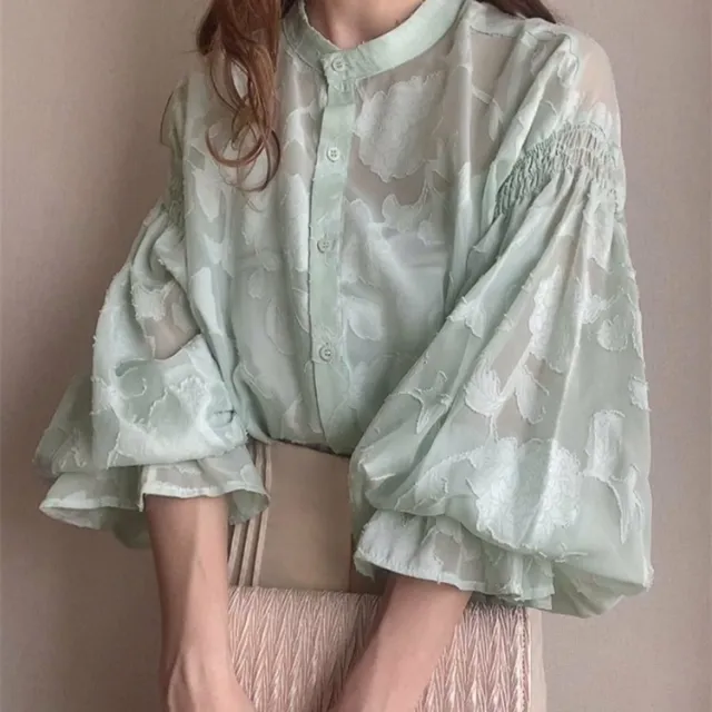 Summer Flower Jacquard Lantern Sleeve Transparent Blouse Green - Shop at LoveMi