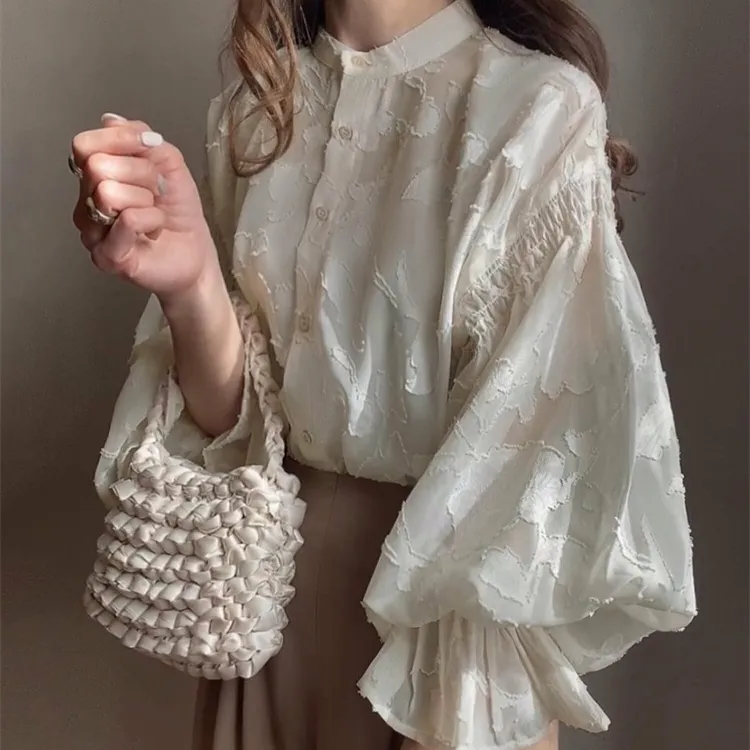 Summer Flower Jacquard Lantern Sleeve Transparent Blouse - Transparent