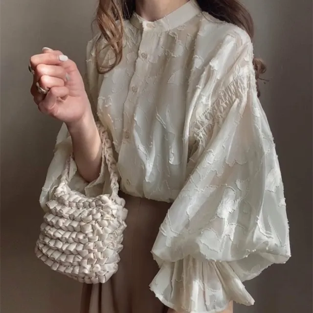 Summer Flower Jacquard Lantern Sleeve Transparent Blouse Transparent - Shop at LoveMi