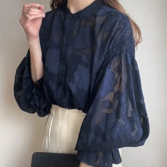 Summer Flower Jacquard Lantern Sleeve Transparent Blouse Blue - Shop at LoveMi