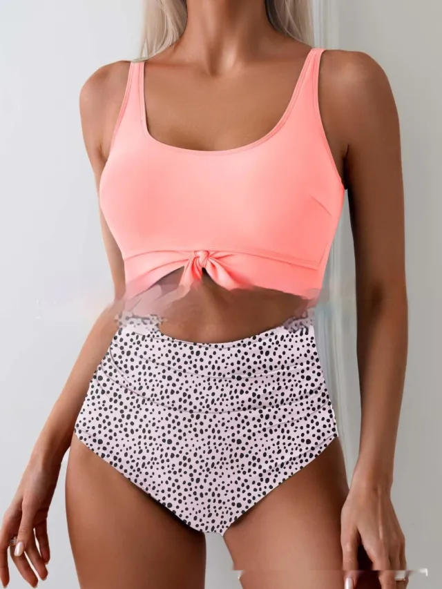 One piece Female Stitching Contrast Color Strap Covered Belly Swimsuit Pink - Shop at LoveMi