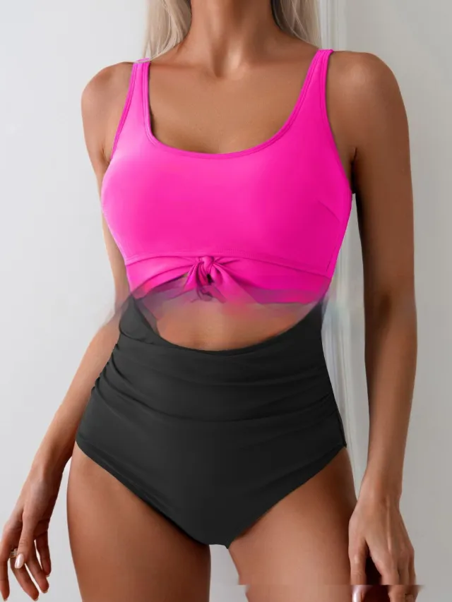 One piece Female Stitching Contrast Color Strap Covered Belly Swimsuit Rose - Shop at LoveMi