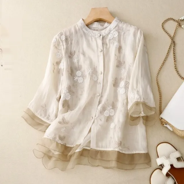 Artistic Retro Heavy Industry Embroidered Cotton And Linen Top White - Shop at LoveMi