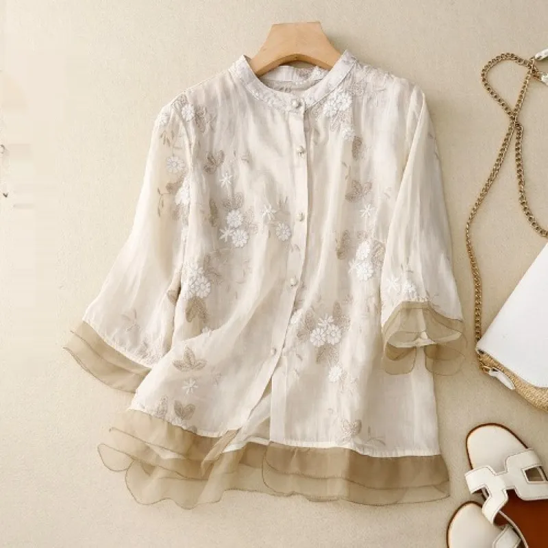Artistic Retro Heavy Industry Embroidered Cotton And Linen Top - White