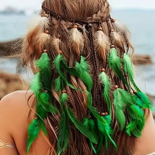 Bohemian Long Two tone Feather Hair Band Feather Headwear Green - Shop at LoveMi