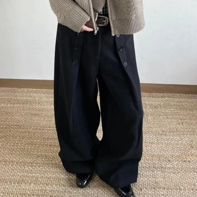 American Retro Black Button Pleated Suit Pants Black - Shop at LoveMi