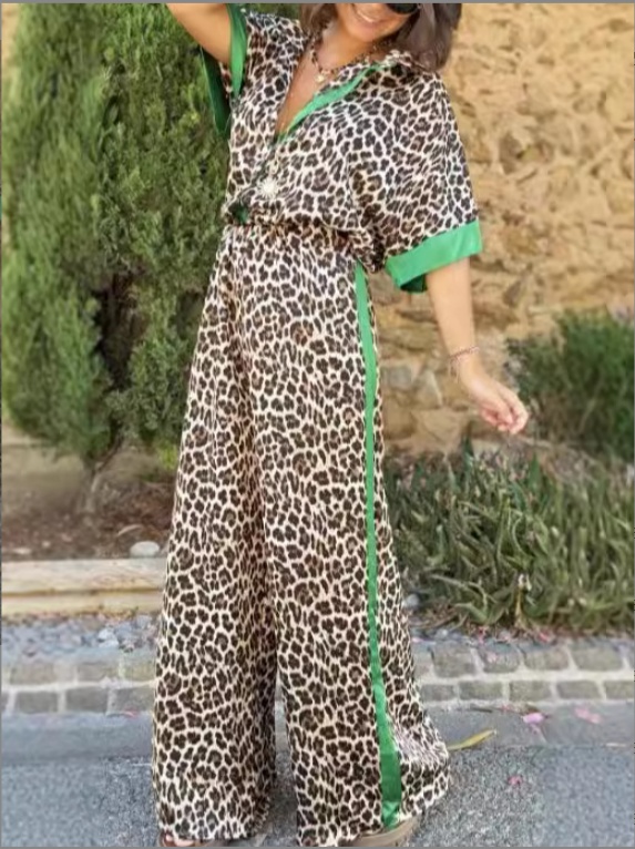 Fashion Leopard Print Half Sleeve Versatile Two piece Set Suit Green - Shop at LoveMi