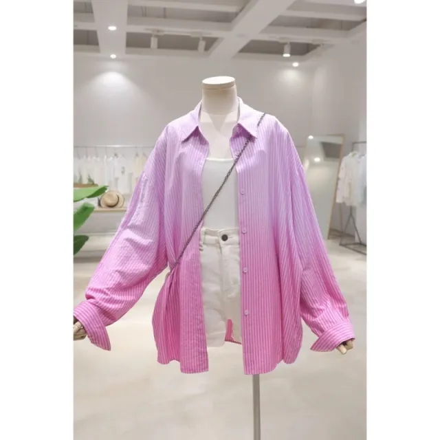 Gradient Color Autumn New Loose Casual Striped Long sleeved Shirt For Women Pink - Shop at LoveMi