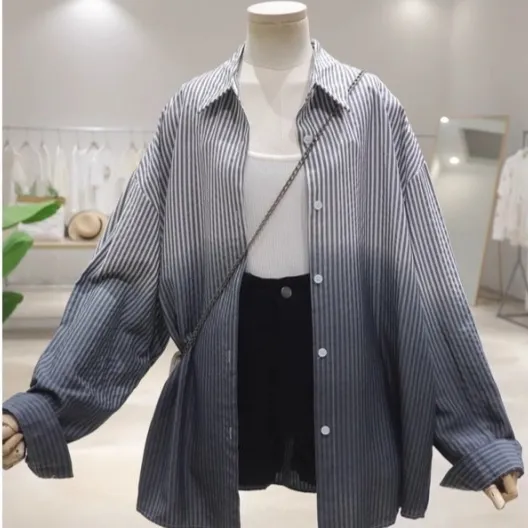 Gradient Color Autumn New Loose Casual Striped Long sleeved Shirt For Women Black - Shop at LoveMi