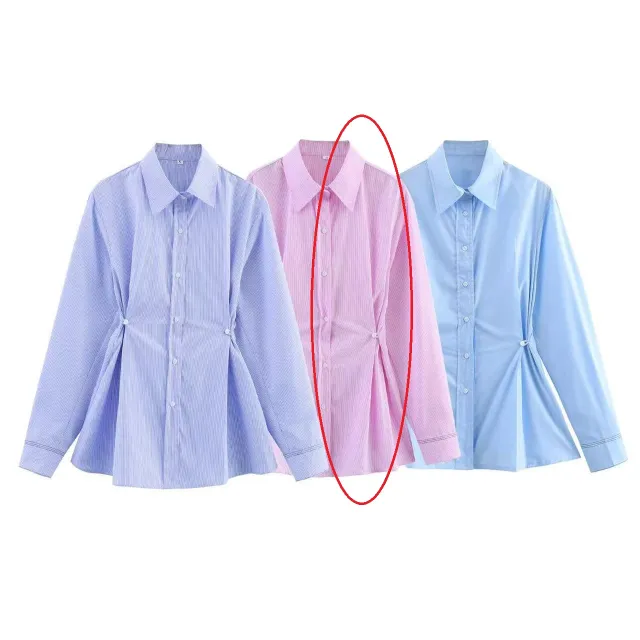 European And American Style French Fashion Waist Button Decoration Oxford Shirt Pink - Shop at LoveMi