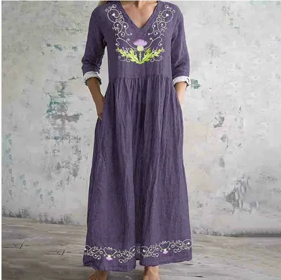 Women's Loose And Fashionable High-end V-neck Printed Dress - 40Style-2Xl
