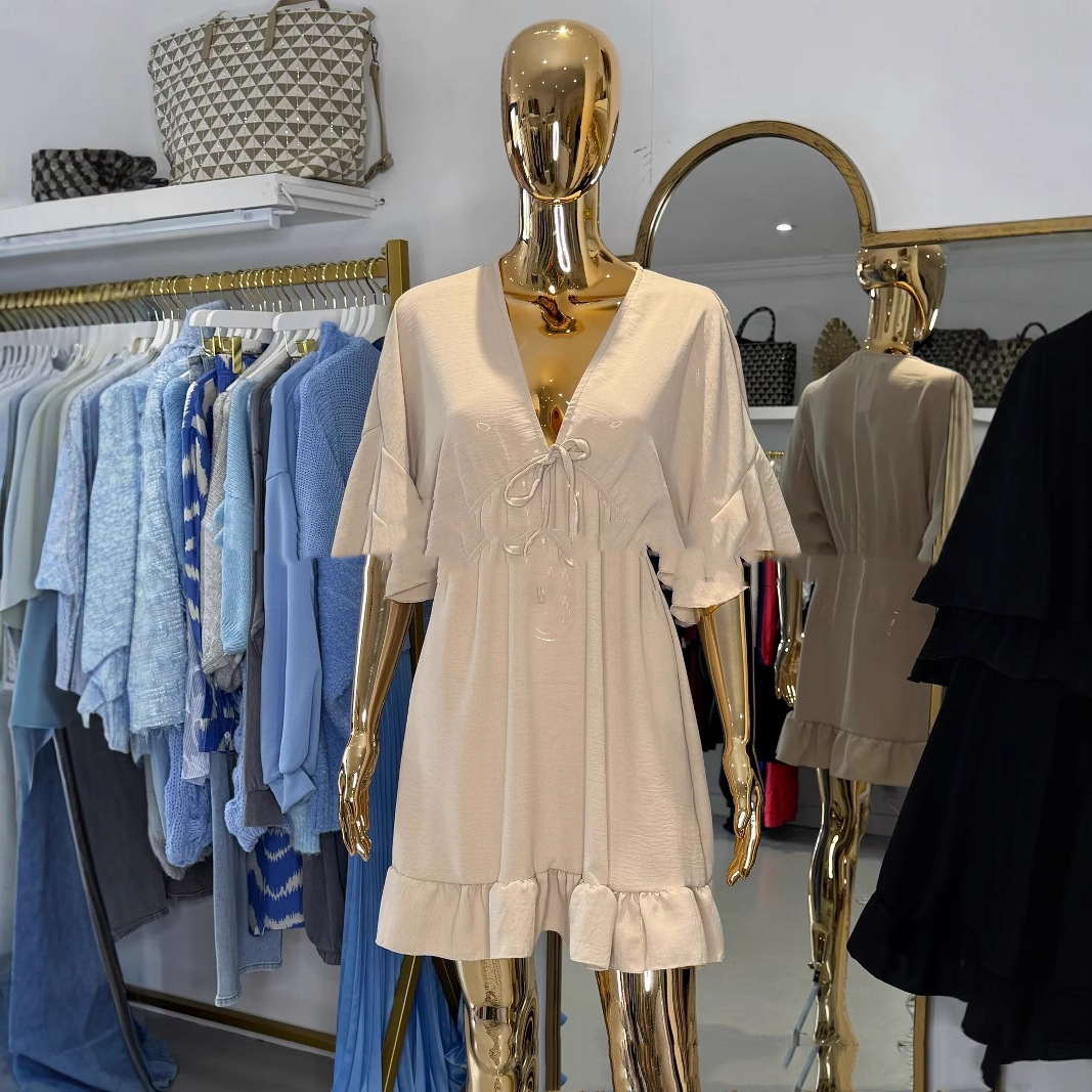 V neck Flounce Knotted Short Dress Apricot - Shop at LoveMi