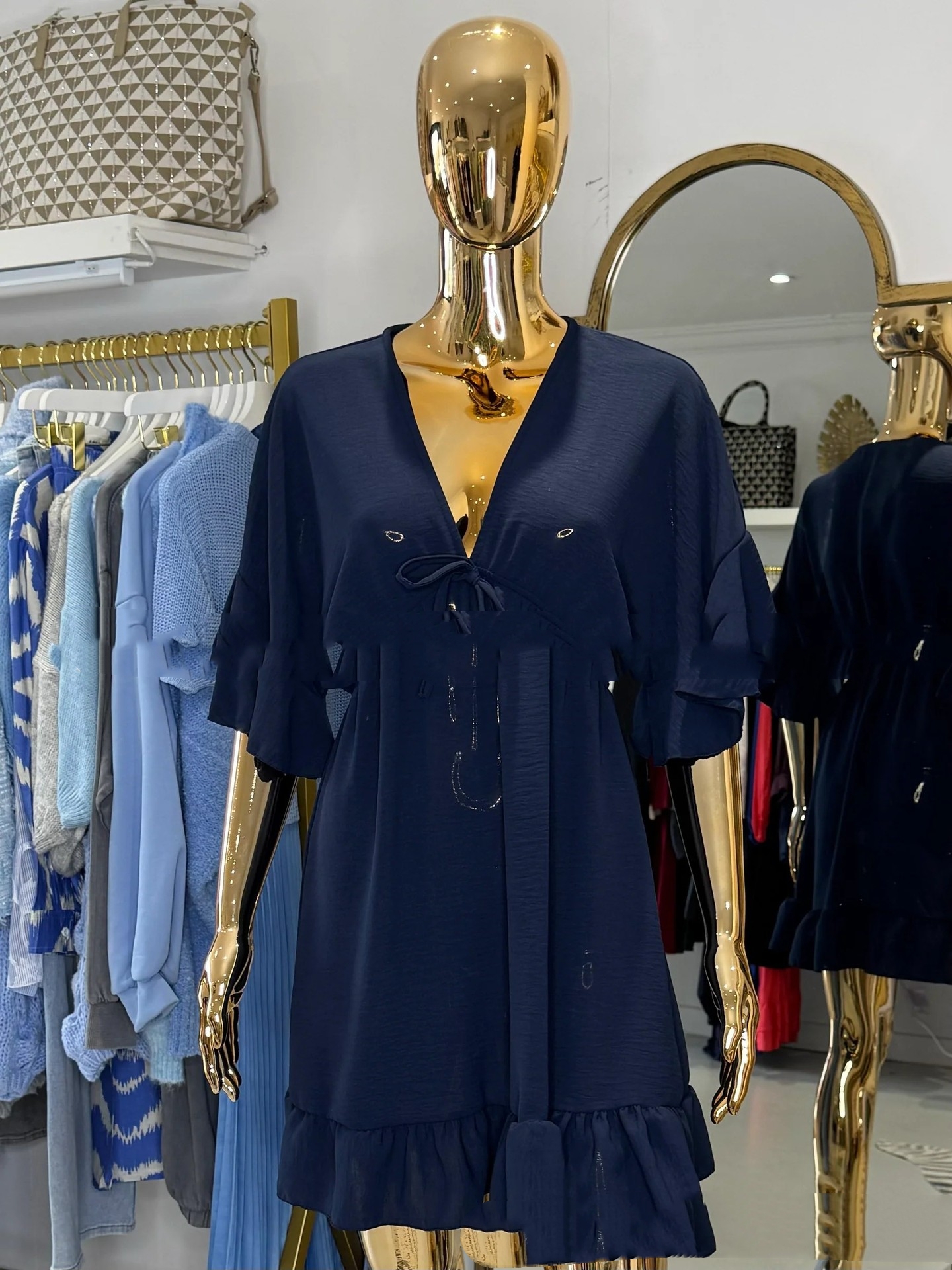 V neck Flounce Knotted Short Dress Dark Blue - Shop at LoveMi