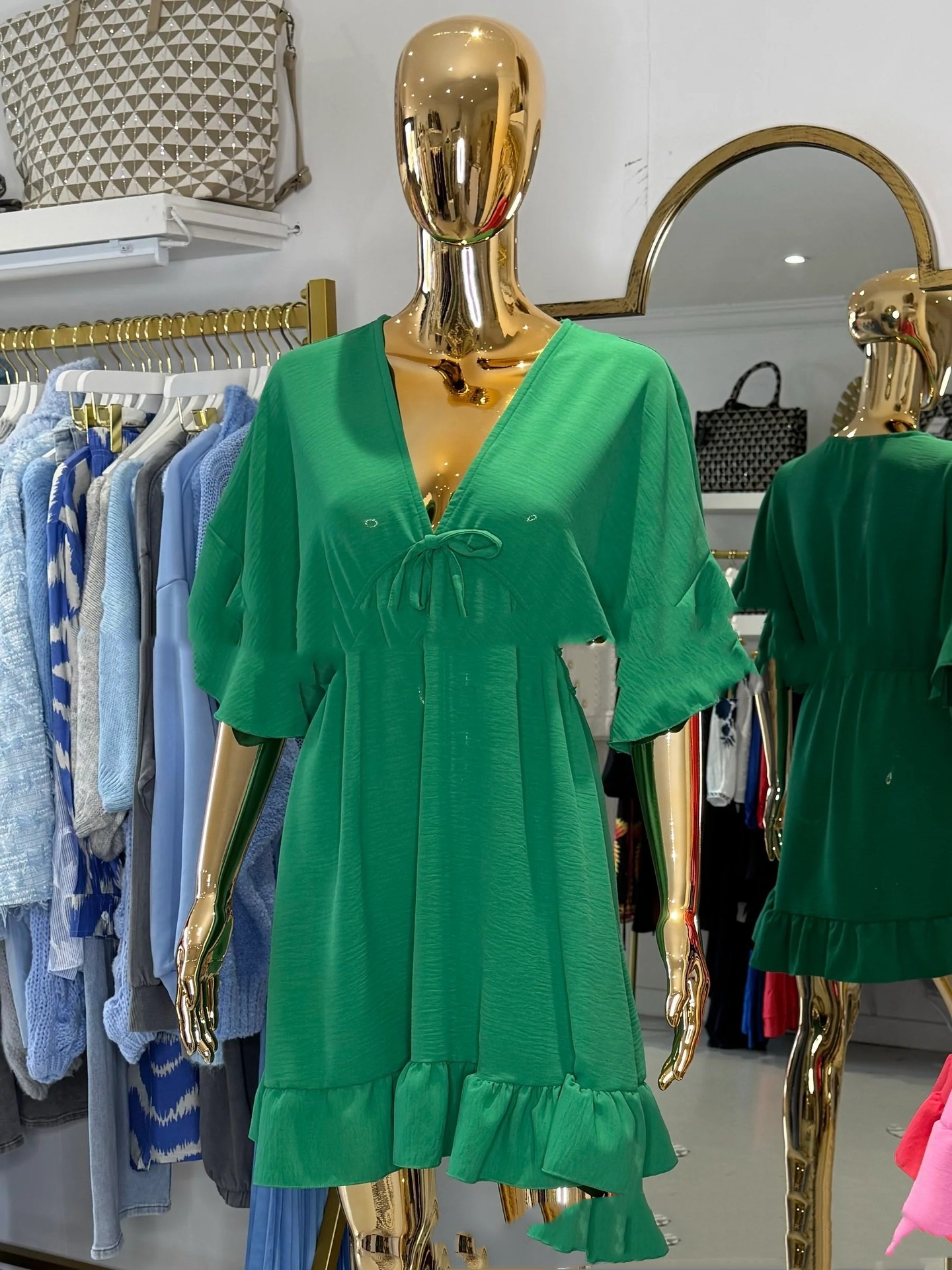 V neck Flounce Knotted Short Dress Green - Shop at LoveMi