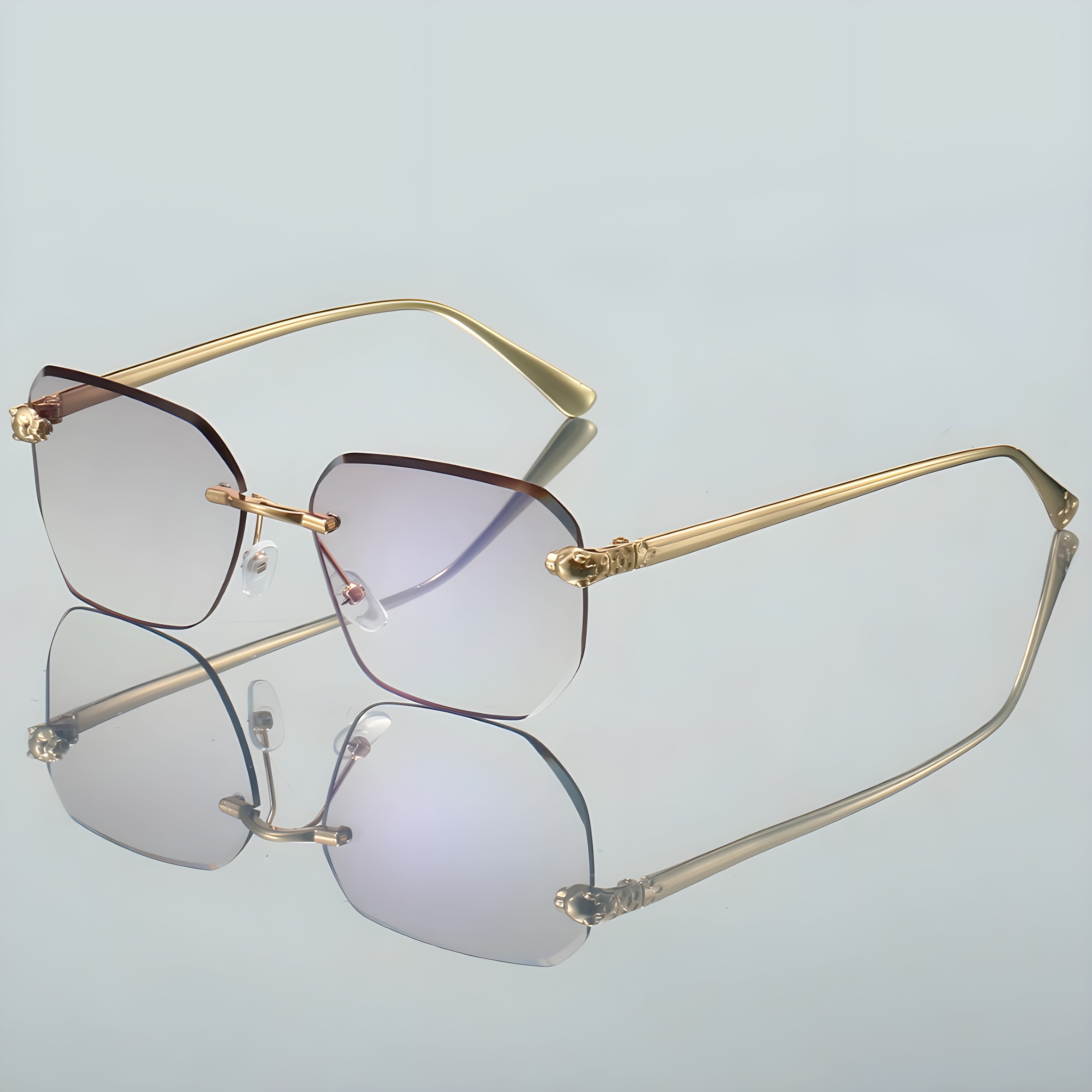 Frameless Trimming Leopard Head Sunglasses Gold Frame Light Purple Film - Shop at LoveMi