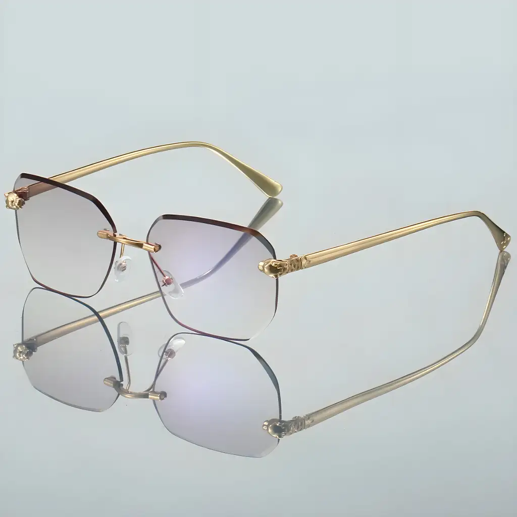 Frameless Trimming Leopard Head Sunglasses - Gold Frame Light Purple Film