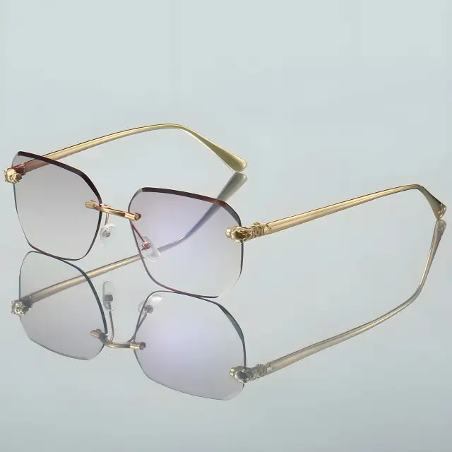Frameless Trimming Leopard Head Sunglasses Gold Frame Light Purple Film - Shop at LoveMi