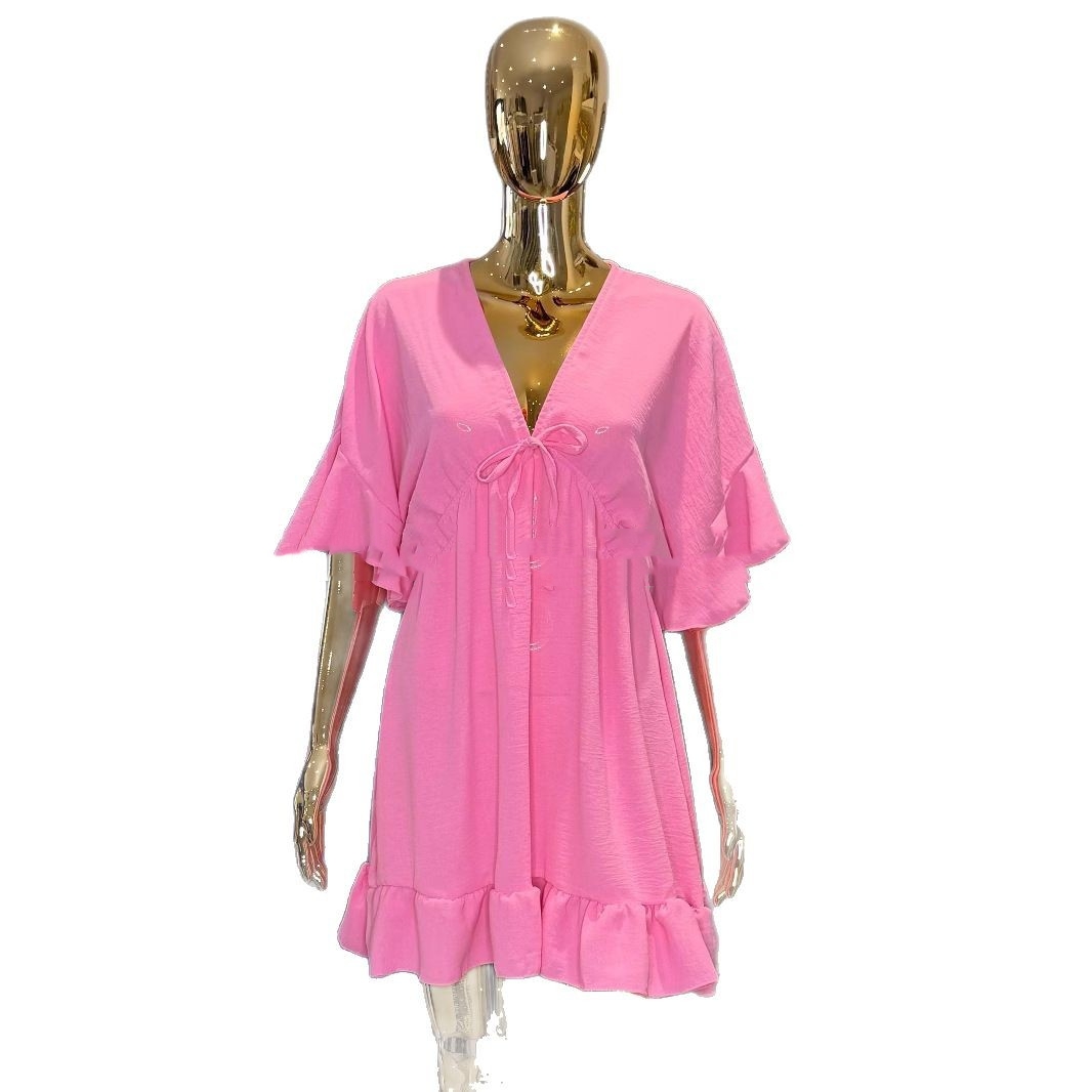 V neck Flounce Knotted Short Dress Pink - Shop at LoveMi