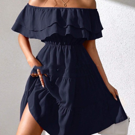 Solid Color Casual Mid length Dress Spring And Summer All match Navy Blue - Shop at LoveMi