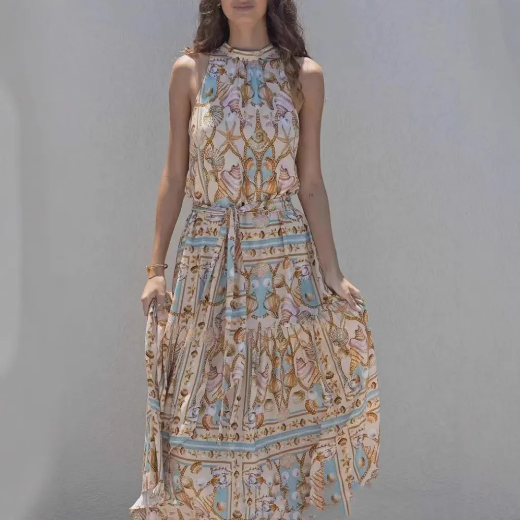 Floral Dress Long Sleeve V-neck High Waist Bohemian Long - Color