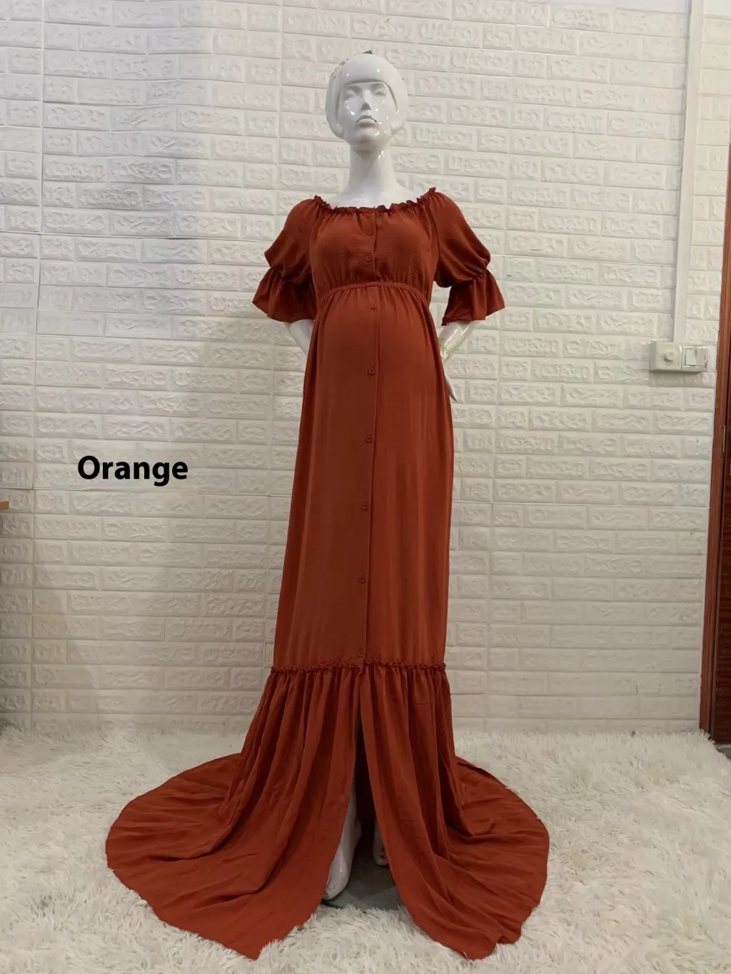 Women's Button Puff Sleeve Mop Dress - Orange