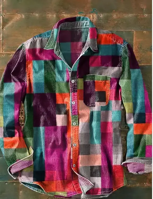 New Retro Vacation Style Color Matching Printing Stylish Men's Long Sleeve Button Top Shirt