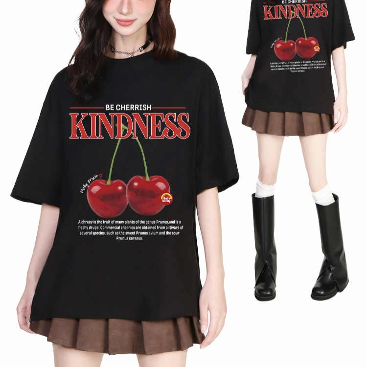 Sweet Cool Simple Letter Cherry Short Sleeve T-shirt Pure Cotton
