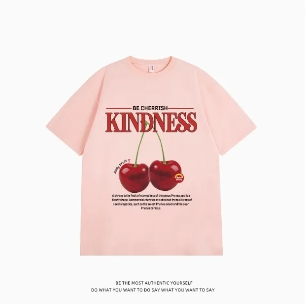 Sweet Cool Simple Letter Cherry Short Sleeve T shirt Pure Cotton Pink - Shop at LoveMi