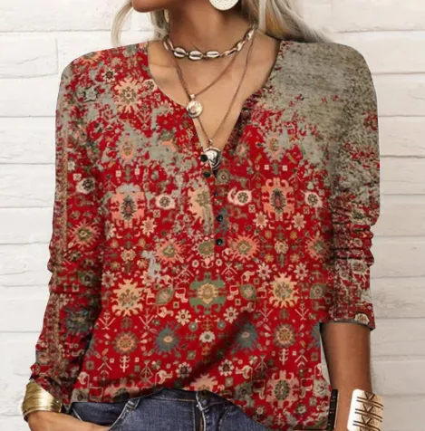Women's Casual Loose Long Sleeve Flower Mang U Neck Button T Shirt Floral Red - Shop at LoveMi