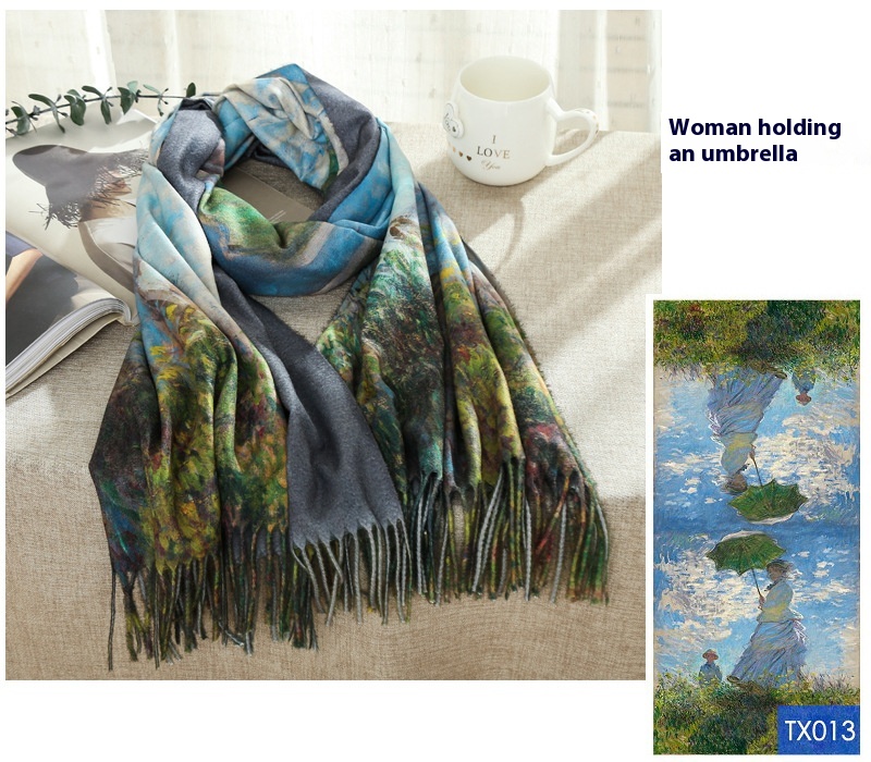 Tassel Digital Printing Scarf Cashmere Oil Painting Shawl - Image 39