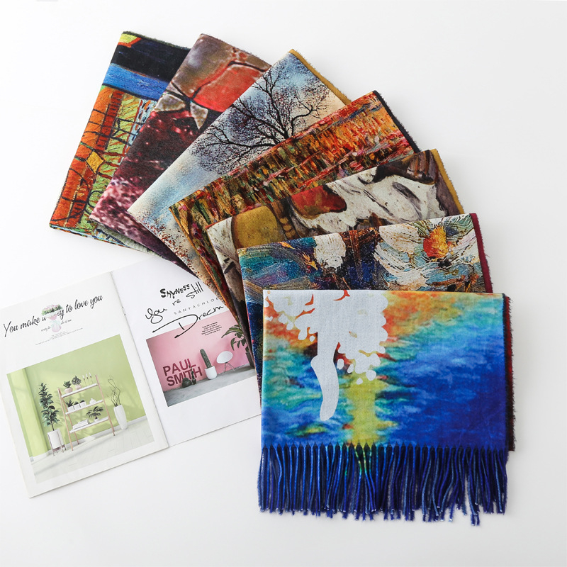 Tassel Digital Printing Scarf Cashmere Oil Painting Shawl - Image 5
