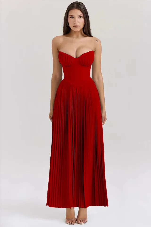 Fashion Tube Top Sleeveless Pleated Tube Top Dress Red - Shop at LoveMi