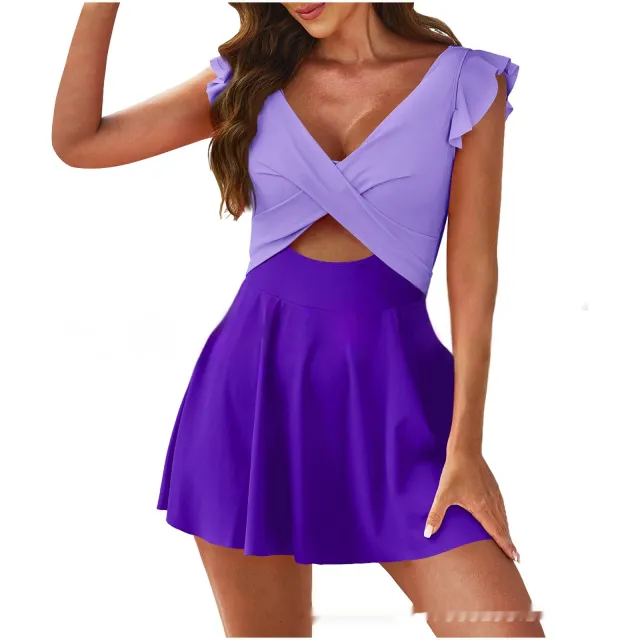 Conservative Color Contrast Patchwork Swimsuit For Women Purple - Shop at LoveMi