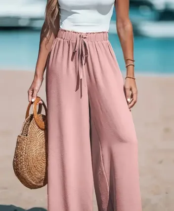 Women's Drawstring Loose Casual Wide leg Trousers Pink - Shop at LoveMi