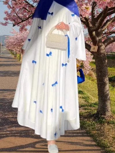 Plus Size Bell Sleeve Bow Robe Dress - Blue Bow