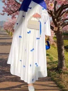 Plus Size Bell Sleeve Bow Robe Dress - Blue Bow - View 1