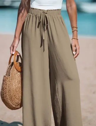 Women's Drawstring Loose Casual Wide leg Trousers Khaki - Shop at LoveMi