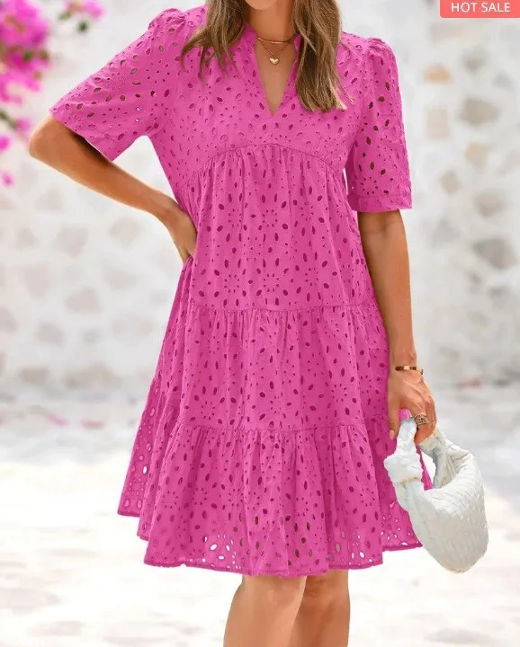 V-neck Hollow Lace Dress High-grade - Deep Pink