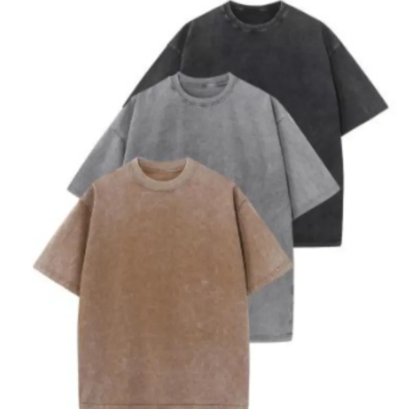 Cotton Heavy Distressed Drop Shoulder Retro Loose Short Sleeve - Set5