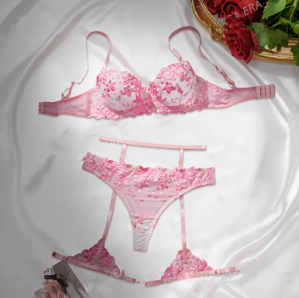 Fashion Sexy Thin Underwear Embroidered Floral Lace Push Up Bra Set - Pink