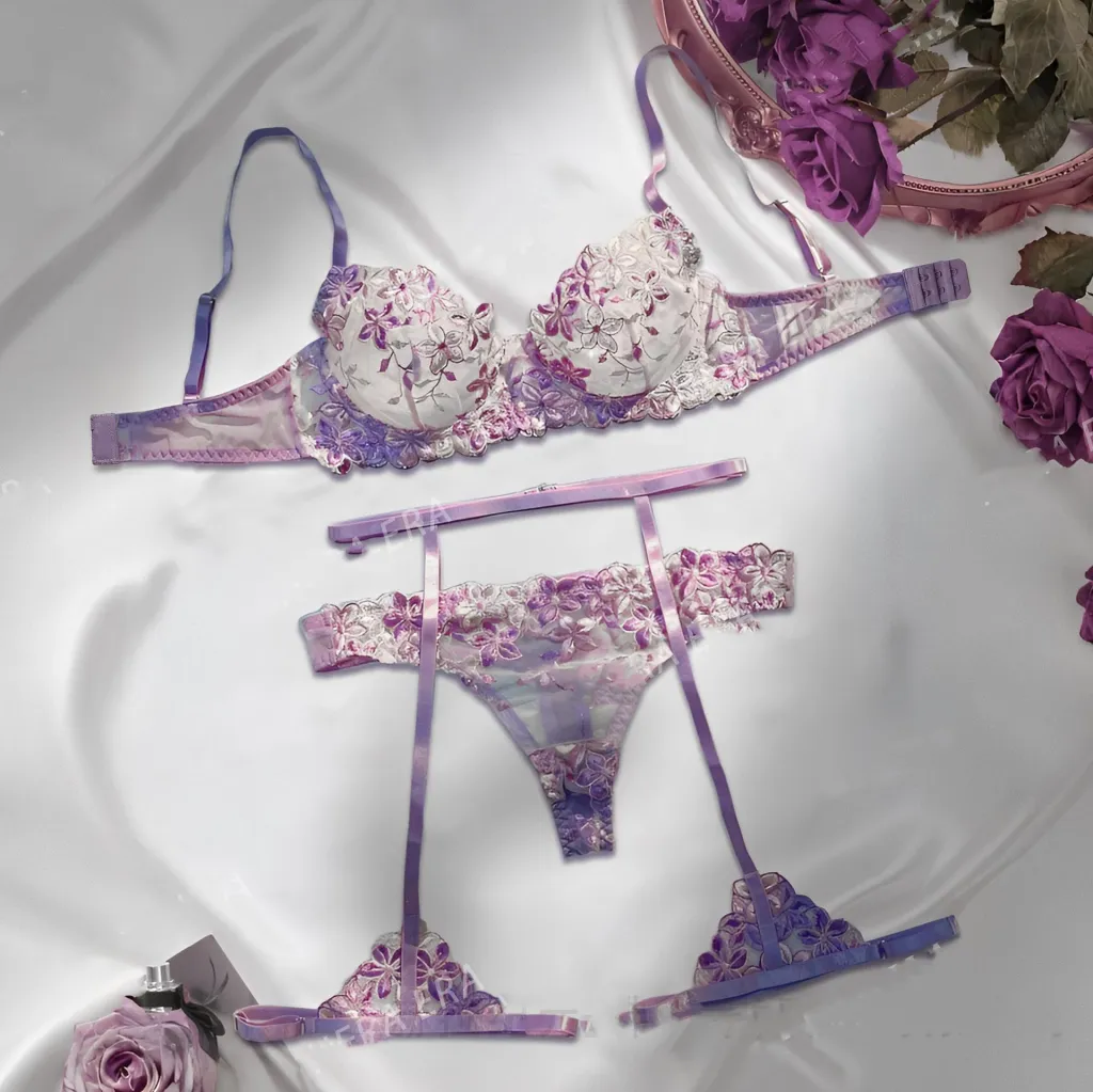Fashion Sexy Thin Underwear Embroidered Floral Lace Push Up Bra Set - Purple