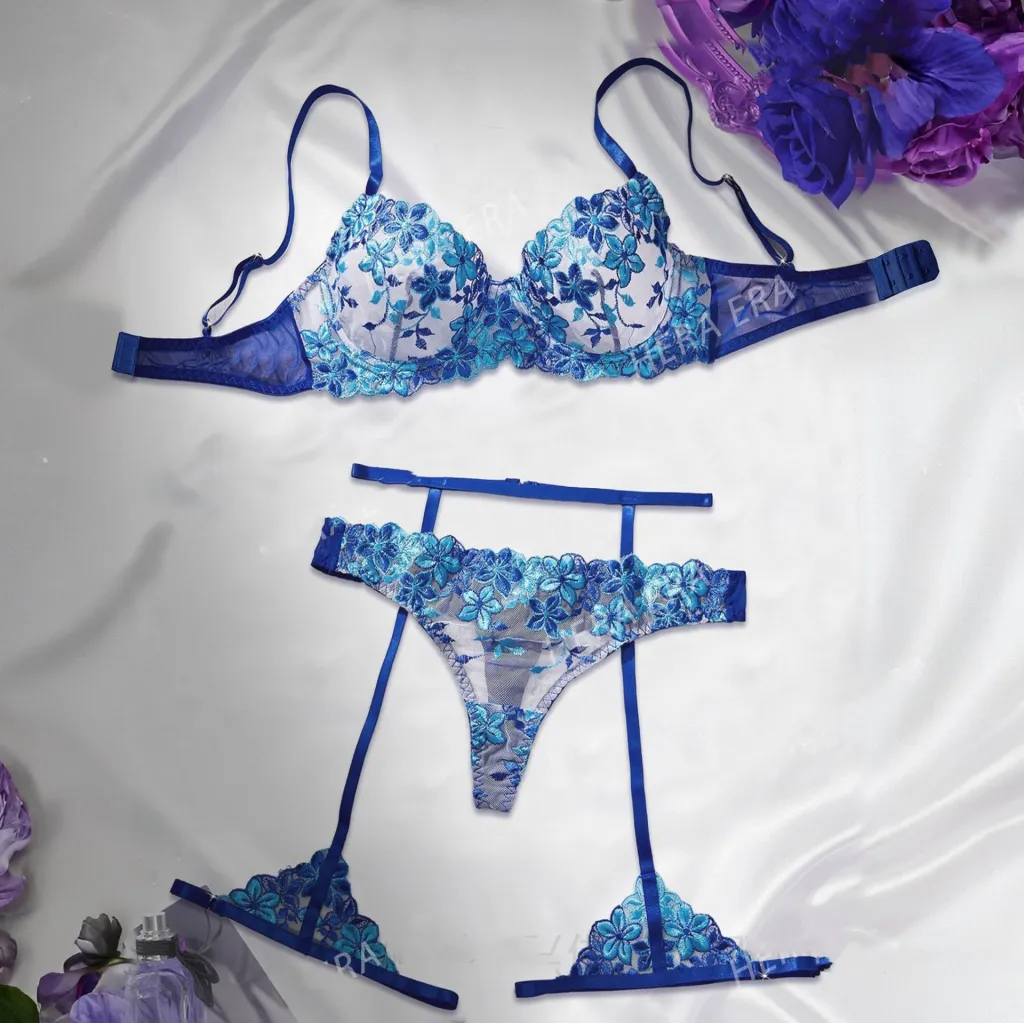 Fashion Sexy Thin Underwear Embroidered Floral Lace Push Up Bra Set - Blue