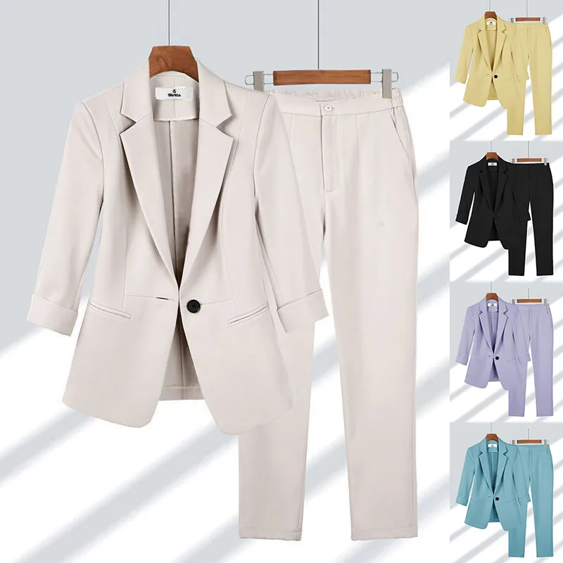 2pcs Casual Blazer Set Solid Color Lapel Single-breasted Jacket