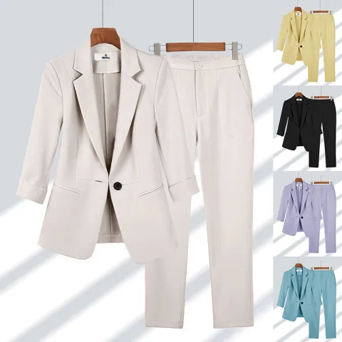 2pcs Casual Blazer Set Solid Color Lapel Single-breasted Jacket