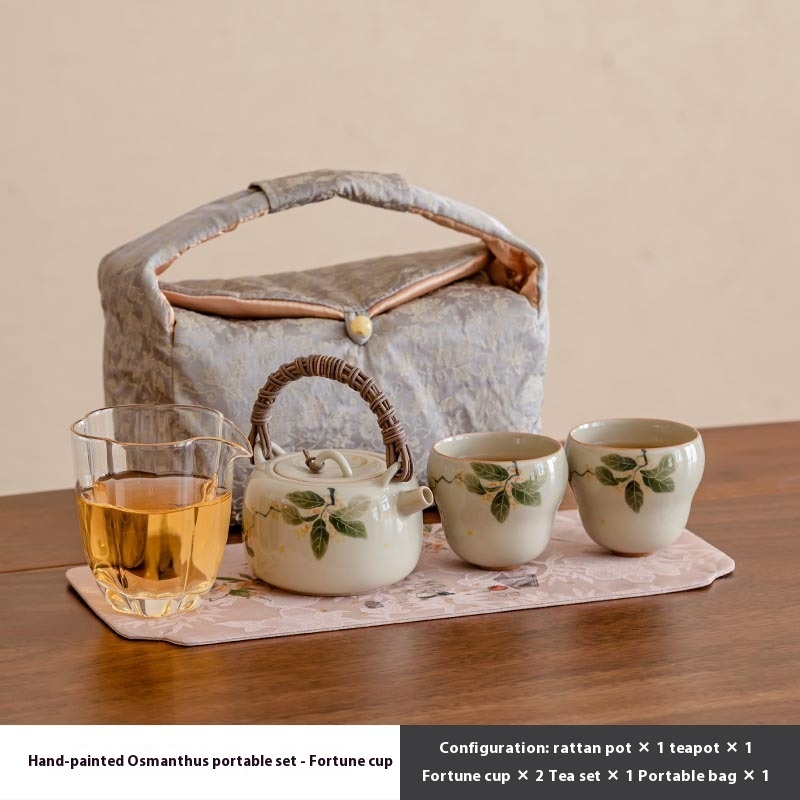 طقم شاي إبريق يدوي الطلاء بنقشة أوسمانثوس من الخيزران مع مقبض حلقي