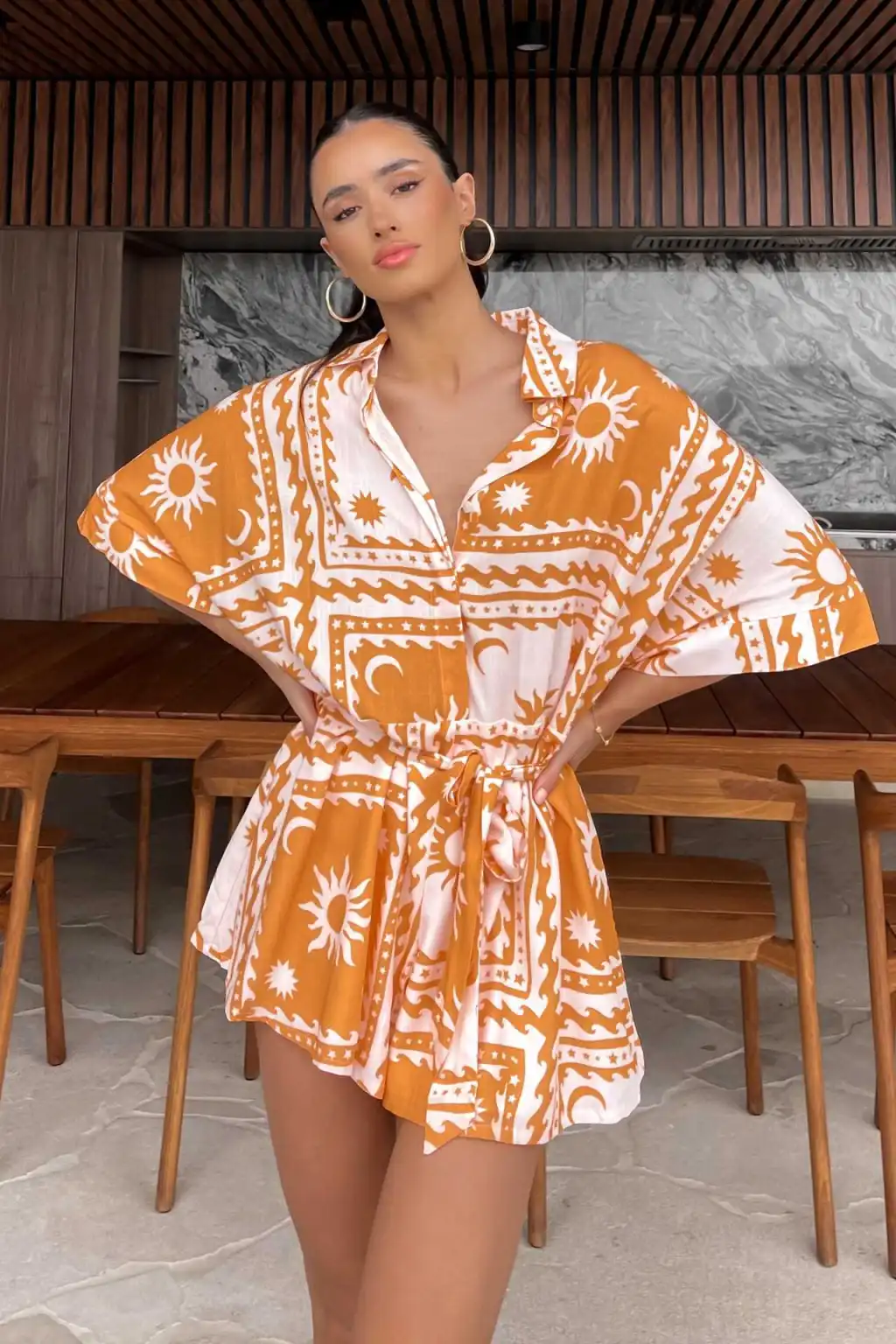 Women's Printed Lace Up Waist-tight Cardigan 5-point Sleeve One-piece Shorts - L-Colour 9