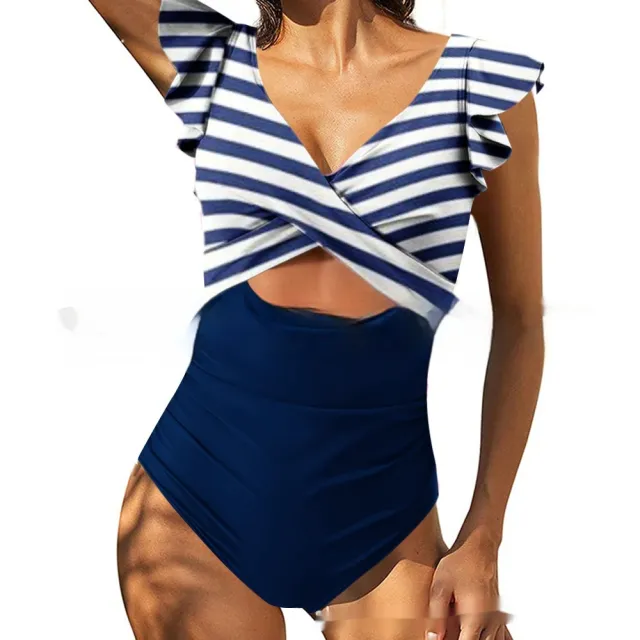 Color Contrast Patchwork Flounce Covered Belly Swimsuit Navy Stripes - Shop at LoveMi