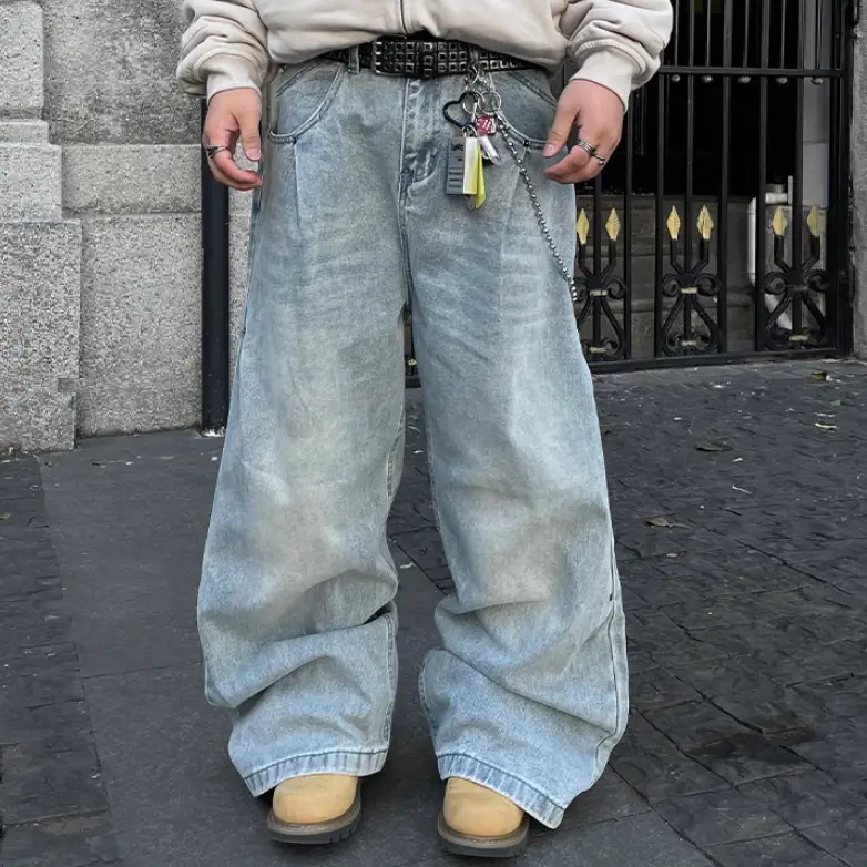 American-style Side Double-oblique Pleated Washed Wide-leg Jeans