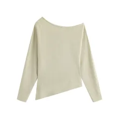 Women's One-shoulder Cold Shoulder Long-sleeved Shirt Plus Size Top - Oatmeal - View 1