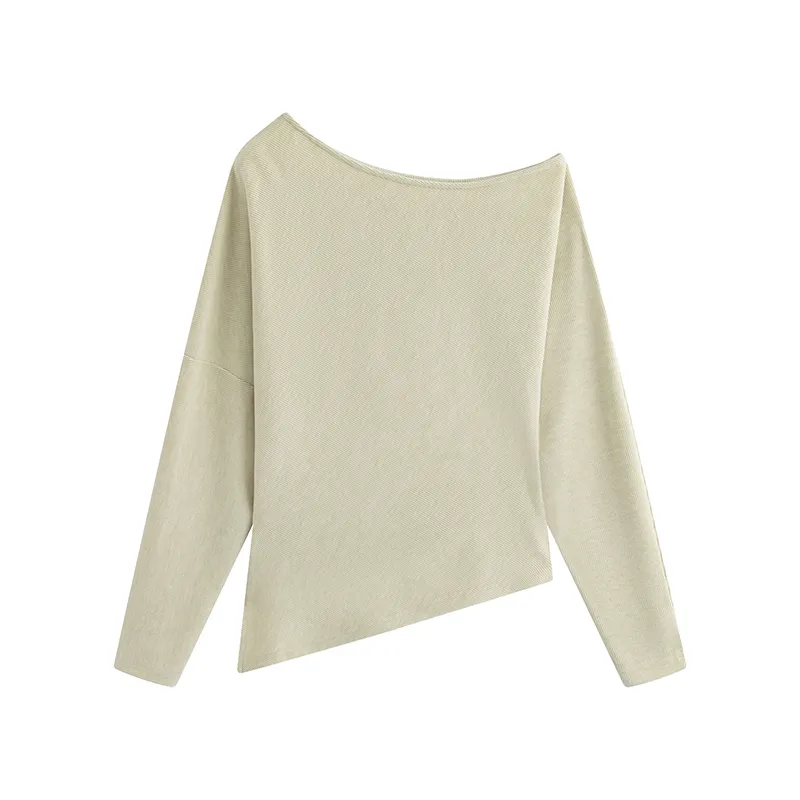 Women's One-shoulder Cold Shoulder Long-sleeved Shirt Plus Size Top - Oatmeal